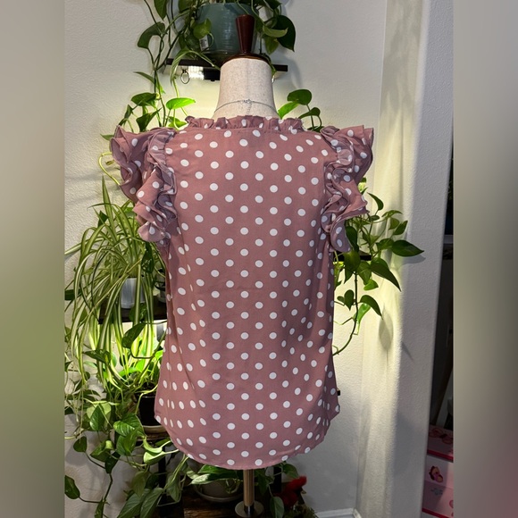 Elegant Ruffle Sleeve Polka Dot Blouse - Mauve - Picture 3 of 6
